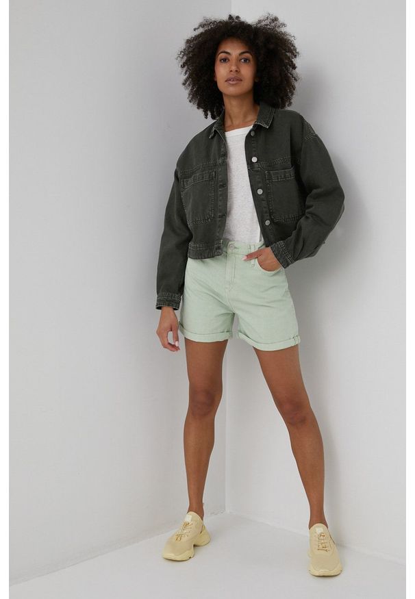 Calvin Klein Jeans szorty bawełniane damskie gładkie high waist. Okazja: na co dzień. Stan: podwyższony. Kolor: zielony. Materiał: bawełna. Wzór: gładki. Styl: casual