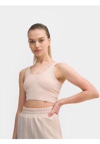 4f - Crop-top z prążkowanej dzianiny damski. Kolor: beżowy. Materiał: dzianina, prążkowany. Długość: krótkie #1