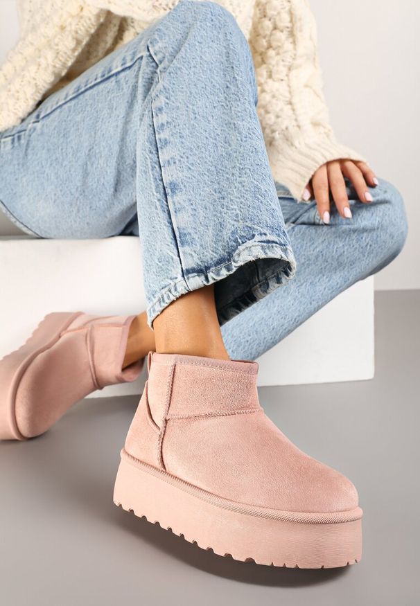 Born2be - Różowe Krótkie Śniegowce na Platformie Lysindra. Kolor: różowy. Materiał: wełna, jeans, zamsz, futro. Sezon: zima. Obcas: na platformie. Styl: elegancki, klasyczny