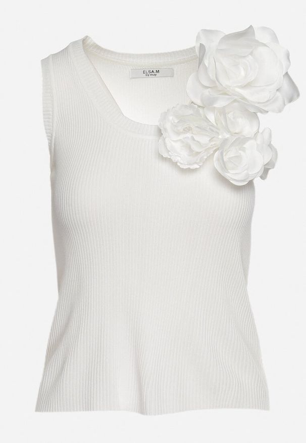 Born2be - Biały Top z Naszywką w Kształcie Kwiatów Teralia. Okazja: na co dzień. Kolor: biały. Wzór: aplikacja, kwiaty. Styl: elegancki, casual
