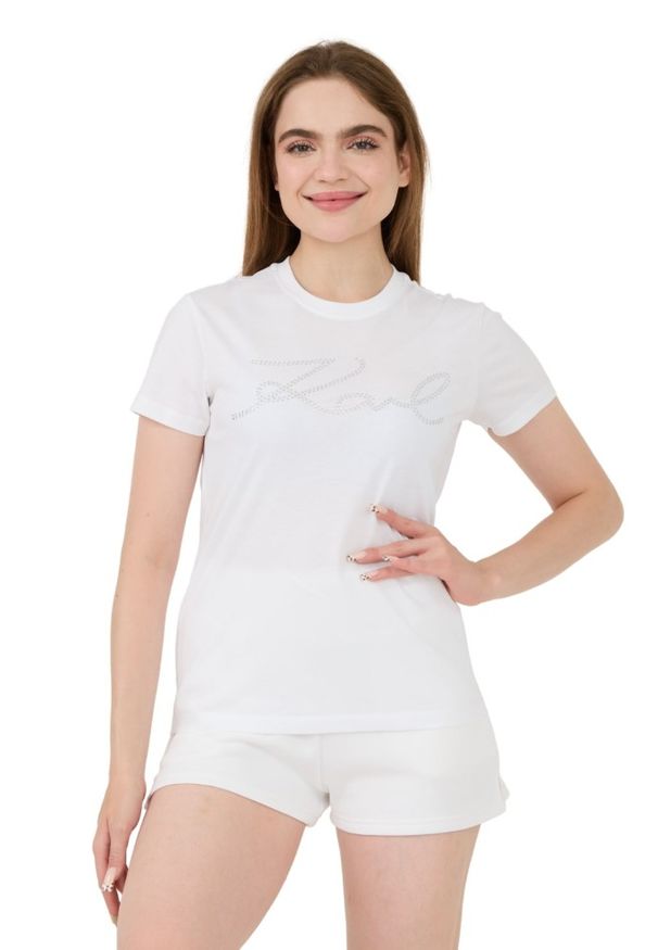 Karl Lagerfeld - KARL LAGERFELD Biały damski t-shirt Rhinestone Logo, Rozmiar S. Kolor: biały