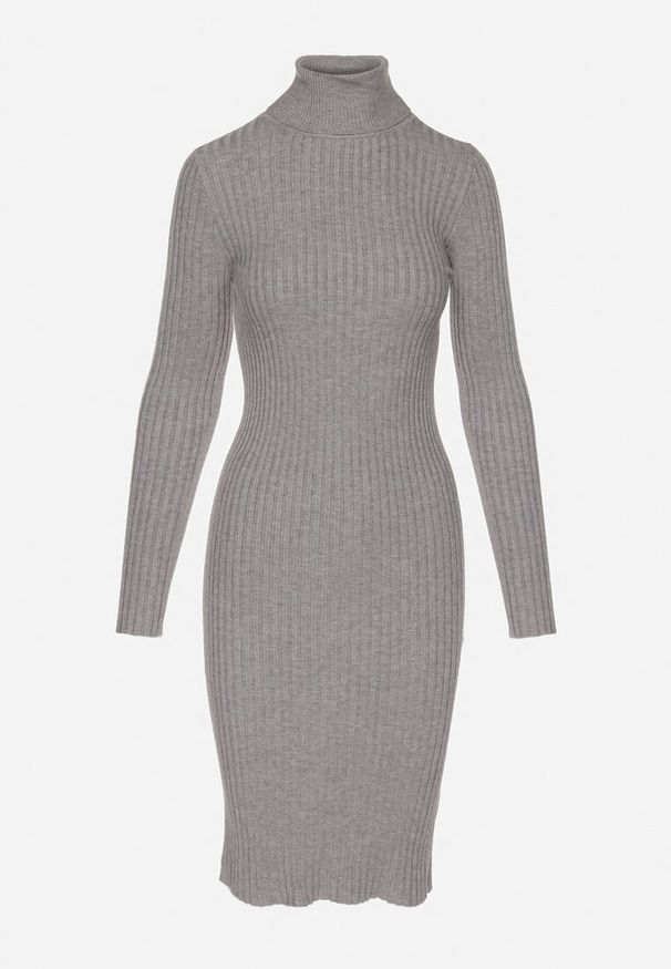 Born2be - Szara Sukienka Prążkowana o Dopasowanym Kroju z Golfem Kaszmirem Bawełną i Wełną Vaithessa. Okazja: na co dzień. Typ kołnierza: golf. Kolor: szary. Materiał: prążkowany, bawełna, wełna, kaszmir. Długość rękawa: długi rękaw. Styl: elegancki, casual