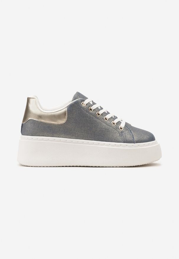Renee - Niebiesko-Złote Sneakersy na Grubej Podeszwie przed Kostkę z Metaliczną Wstawką Morabell. Wysokość cholewki: przed kostkę. Nosek buta: okrągły. Zapięcie: sznurówki. Kolor: niebieski. Materiał: materiał. Obcas: na obcasie. Wysokość obcasa: średni