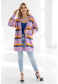 PeeKaBoo - Elegancki sweter kardigan w kolorowe paski liliowy. Kolor: liliowy. Wzór: paski, kolorowy. Styl: elegancki