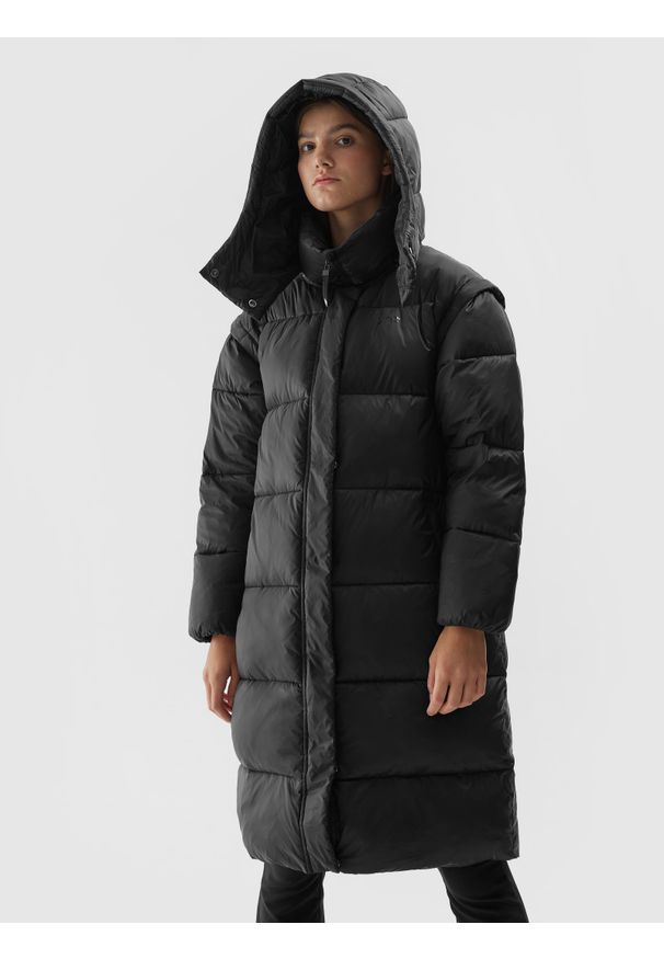 4f - Płaszcz zimowy puchowy oversize z wypełnieniem syntetycznym damski. Kolor: czarny. Materiał: syntetyk, puch. Długość: długie, do kolan. Wzór: gładki. Sezon: zima