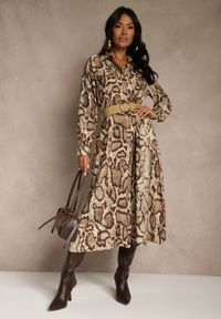 Renee - Brązowa Koszulowa Sukienka Snake Print z Wiskozą i Paskiem Bririn. Okazja: na co dzień. Kolor: brązowy. Materiał: wiskoza. Wzór: nadruk. Typ sukienki: koszulowe. Styl: casual #4