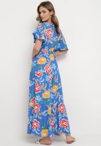 Born2be - Niebieska Sukienka Maxi z Gumką w Talii z Szerokimi Rękawami i Kwiatowym Printem Nodriala. Okazja: na imprezę. Kolor: niebieski. Wzór: nadruk, kwiaty. Sezon: lato. Długość: maxi #4