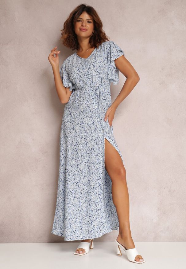 Renee - Niebieska Sukienka Thelliopis. Kolor: niebieski. Wzór: kwiaty. Styl: boho. Długość: maxi