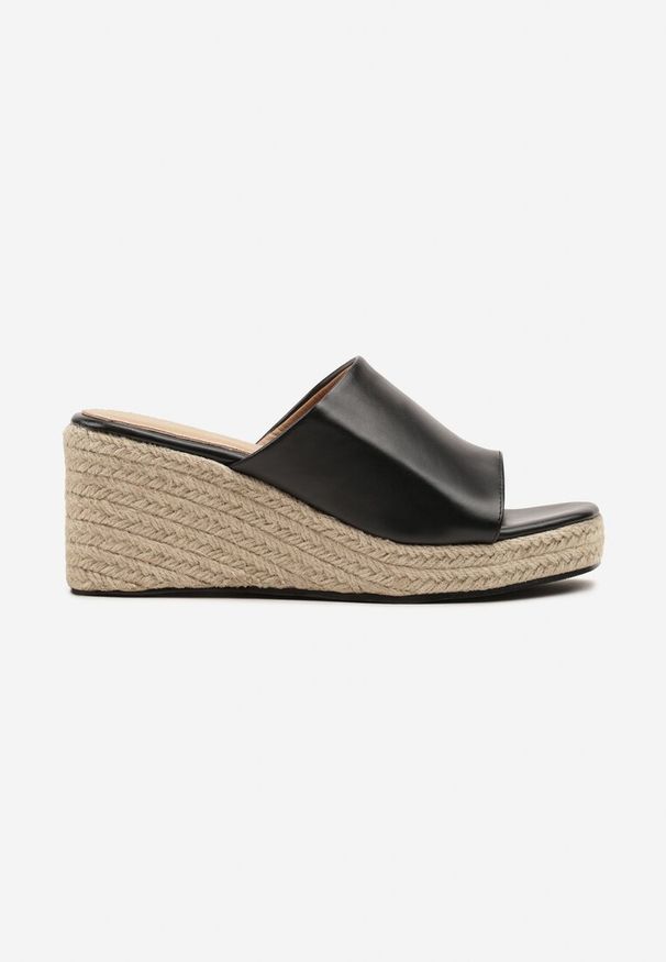 Renee - Czarne Klapki na Plecionym Koturnie Ellirana. Kolor: czarny. Sezon: lato. Obcas: na koturnie. Styl: elegancki, wakacyjny