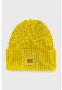 Ugg - UGG czapka z domieszką wełny kolor zielony z grubej dzianiny. Kolor: zielony. Materiał: wełna, dzianina #1