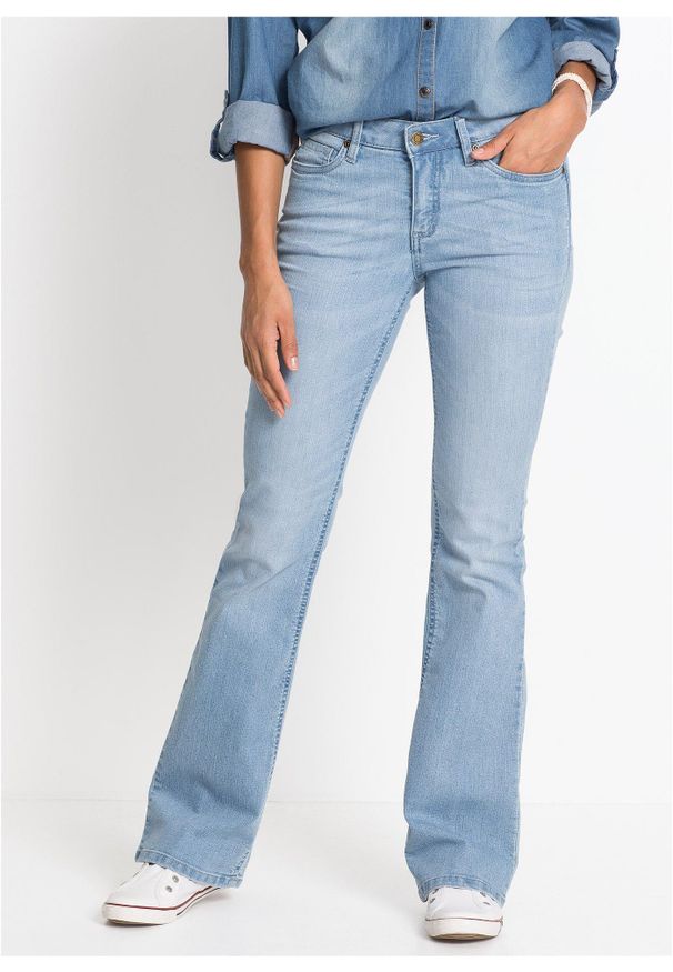bonprix - Wygodne dżinsy ze stretchem o kroju bootcut, mid waist. Kolor: niebieski