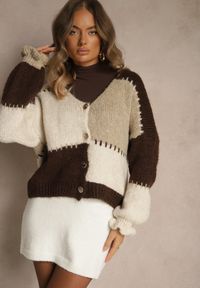 Renee - Brązowy Oversizowy Kardigan w Patchworkowym Stylu z Guzikami i Domieszką Wełny Atavita. Kolor: brązowy. Materiał: wełna. Sezon: zima