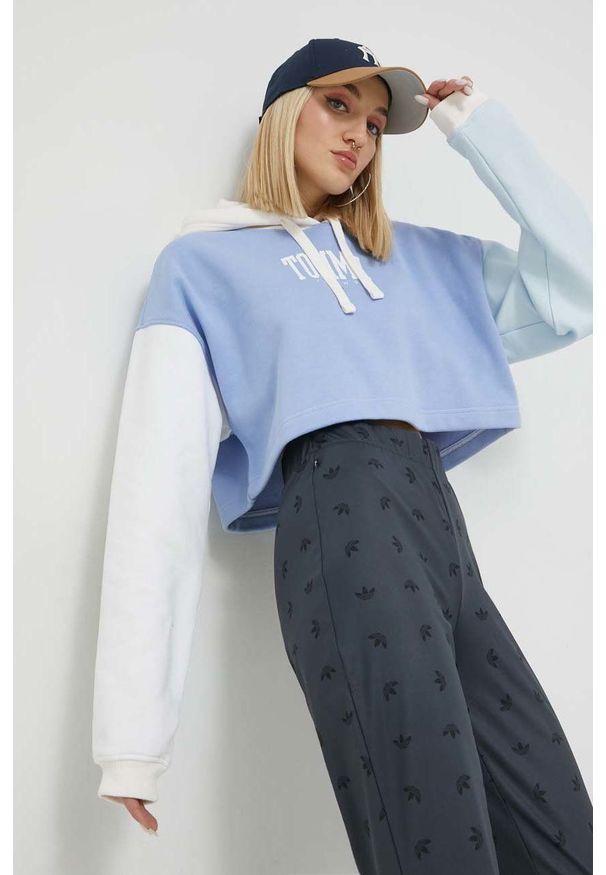 Tommy Jeans bluza damska kolor niebieski z kapturem wzorzysta. Typ kołnierza: kaptur. Kolor: niebieski. Materiał: bawełna