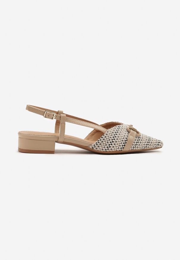 Renee - Ciemnobeżowe Sandały Vices Slingback Ozdobione Klamrą i Plecionką Nilasiela. Okazja: na co dzień. Zapięcie: klamry. Kolor: beżowy. Wzór: aplikacja. Obcas: na słupku. Styl: elegancki, casual