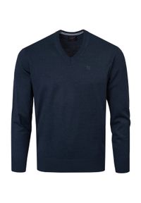 Sweter Męski Wełniany - Dekolt w Serek - Pako Jeans - Granatowy. Okazja: do pracy, na spotkanie biznesowe. Typ kołnierza: dekolt w serek. Kolor: niebieski. Materiał: wełna, akryl. Styl: klasyczny, biznesowy #1