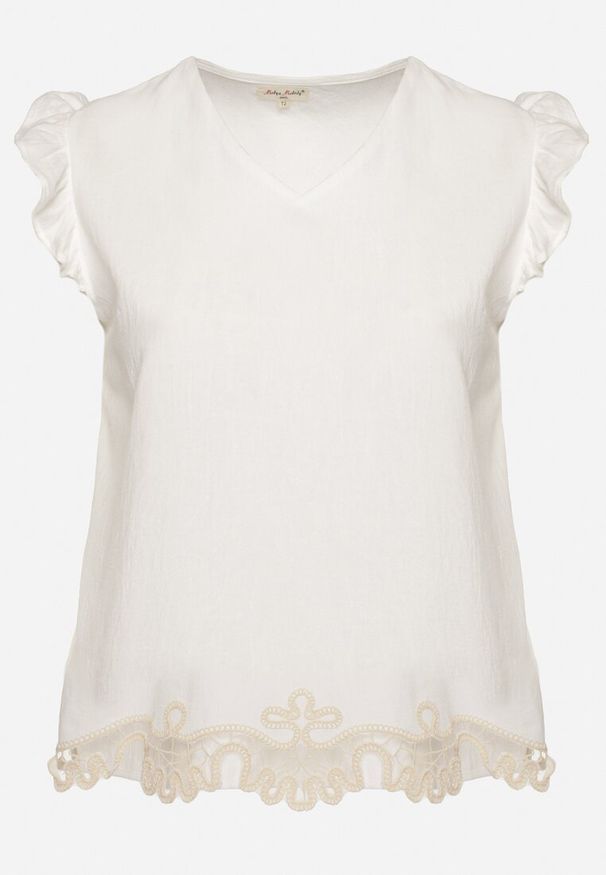 Born2be - Biała Bluzka z Bawełny Ozdobiona Falbankami Wivienne. Okazja: na co dzień. Typ kołnierza: kołnierz z falbankami. Kolekcja: plus size. Kolor: biały. Materiał: bawełna. Wzór: aplikacja. Styl: casual