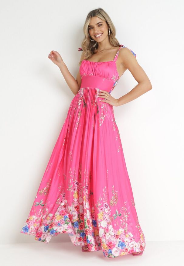 Born2be - Fuksjowa Sukienka Maxi na Ramiączkach z Cienkimi Gumkami i Plisowanym Dołem Sidona. Kolor: różowy. Długość rękawa: na ramiączkach. Sezon: wiosna, lato. Długość: maxi