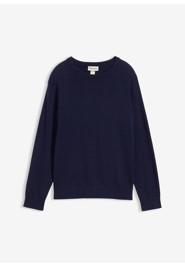 bonprix - Sweter z cienkiej bawełnianej dzianiny. Kolor: niebieski. Materiał: bawełna, dzianina