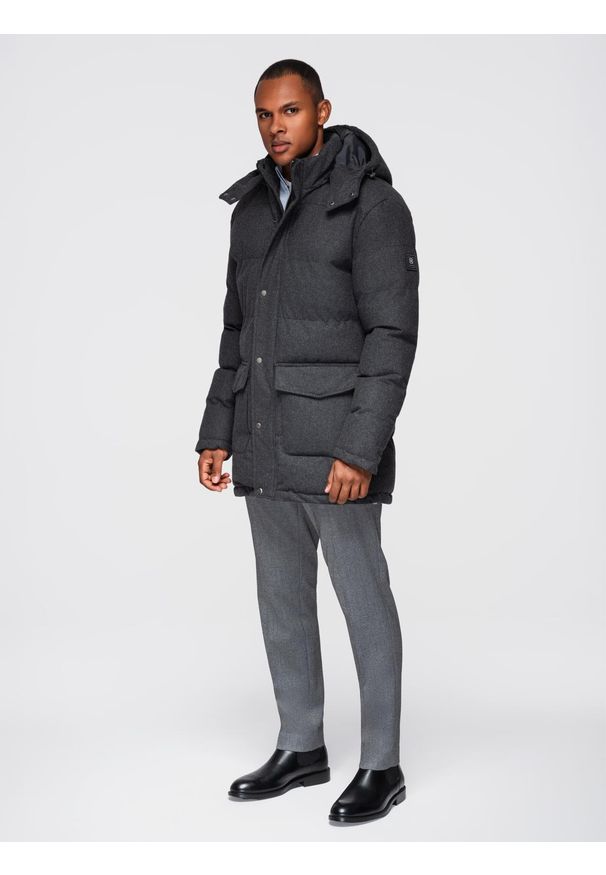 Ombre Clothing - Długa ciepła kurtka męska typu parka z wełną – czarny melanż V2 - Rozmiar: L. Kolor: czarny. Materiał: wełna. Długość: długie. Wzór: melanż
