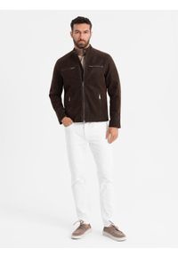 Ombre Clothing - Męska kurtka biker w stylu retro ze stójką – brązowa V1 - Rozmiar: L. Typ kołnierza: kołnierzyk stójkowy. Kolor: brązowy. Materiał: skóra, poliester, materiał. Styl: retro #12