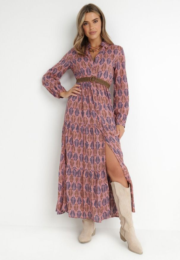 Born2be - Ciemnoróżowa Sukienka Hypsamna. Kolor: różowy. Materiał: bawełna, skóra. Długość rękawa: długi rękaw. Wzór: nadruk, aplikacja. Typ sukienki: koszulowe, szmizjerki. Długość: maxi