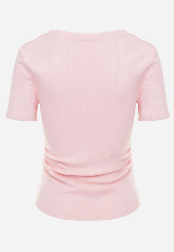 Born2be - Różowy Prążkowany T-shirt Ozdobiony po Bokach Marszczeniem Nedisa. Okazja: na co dzień. Kolor: różowy. Materiał: prążkowany. Wzór: aplikacja. Styl: casual