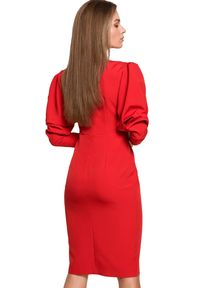 Stylove - Elegancka sukienka ołówkowa z bufiastymi rękawami czerwona. Okazja: na imprezę, na ślub cywilny, na wesele. Kolor: czerwony. Typ sukienki: ołówkowe. Styl: elegancki #3