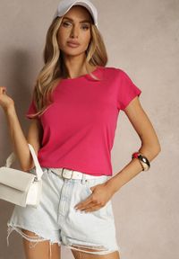 Renee - Fuksjowy Basicowy T-shirt z Bawełny Mevolena. Okazja: na co dzień. Kolor: różowy. Materiał: bawełna. Styl: klasyczny, casual