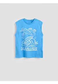 Reserved - Bawełniany t-shirt bez rękawów - niebieski. Kolor: niebieski. Materiał: bawełna. Długość rękawa: bez rękawów