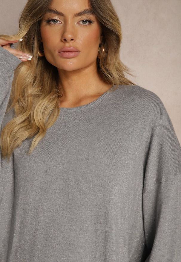 Renee - Szara Sukienka z Wiskozą o Pudełkowym Kroju z Metaliczną Nicią i Szerokimi Rękawami Arkina. Okazja: na spotkanie biznesowe. Kolor: szary. Materiał: wiskoza. Sezon: lato. Typ sukienki: proste. Styl: biznesowy, klasyczny, elegancki