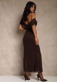 Renee - Brązowa Sukienka o Asymetrycznym Kroju Ozdobiona Falbaną Owedia. Kolor: brązowy. Materiał: poliester. Wzór: aplikacja. Typ sukienki: asymetryczne. Styl: elegancki #5