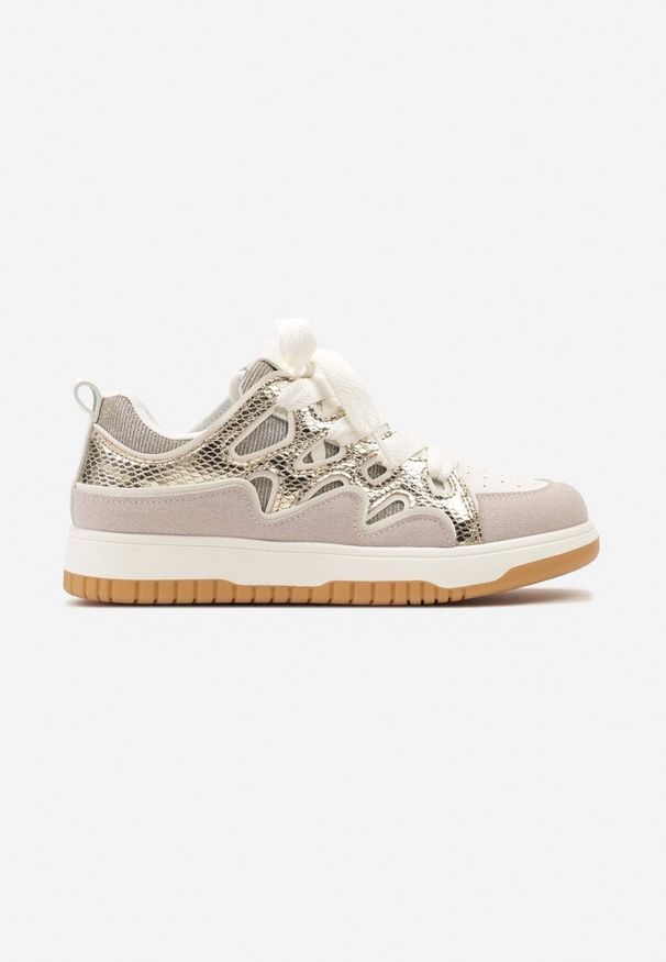 Renee - Złote Sneakersy z Metalicznym Błyskiem i Podwójnym Sznurowaniem Piniara. Kolor: beżowy. Obcas: na obcasie. Wysokość obcasa: niski