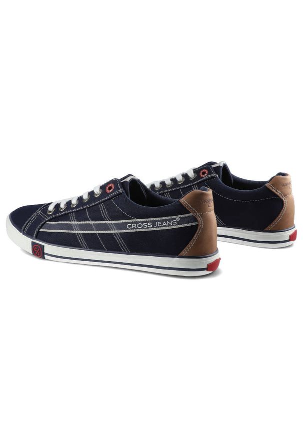 Granatowe Trampki Cross Jeans Męskie Lekkie Buty. Okazja: na co dzień. Kolor: niebieski. Materiał: guma, materiał. Szerokość cholewki: normalna. Wzór: aplikacja. Styl: casual, sportowy, elegancki