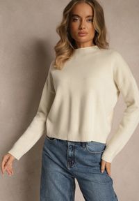 Renee - Jasnobeżowy Pudełkowy Sweter z Półgolfem o Gładkim Wykończeniu Unala. Kolor: beżowy. Materiał: skóra, jeans. Wzór: gładki #5