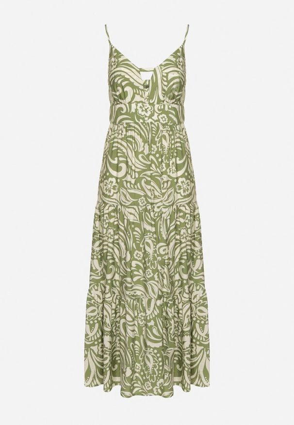 Born2be - Zielona Sukienka z Bawełną i Wiskozą na Cienkich Ramiączkach z Regulacją z Paskiem Dimite. Kolor: zielony. Materiał: wiskoza, bawełna. Długość rękawa: na ramiączkach. Wzór: aplikacja. Styl: klasyczny