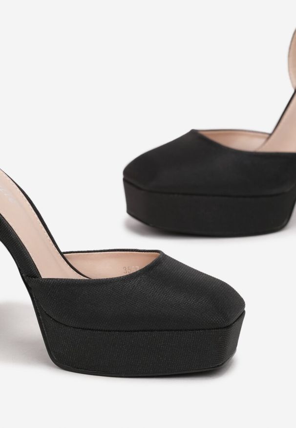 Renee - Czarne Brokatowe Sandały na Wysokim Słupku i Platformie Minale. Okazja: na imprezę. Zapięcie: pasek. Kolor: czarny. Wzór: aplikacja. Obcas: na platformie. Styl: elegancki