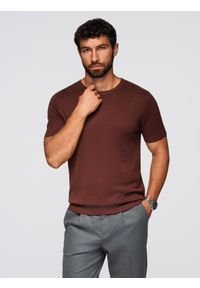 Ombre Clothing - Męska klasyczna dzianinowa koszulka męska ze ściągaczami– ciepłobrązowa V4 - Rozmiar: XL. Kolor: brązowy. Materiał: dzianina. Wzór: gładki, ze splotem. Styl: klasyczny #9