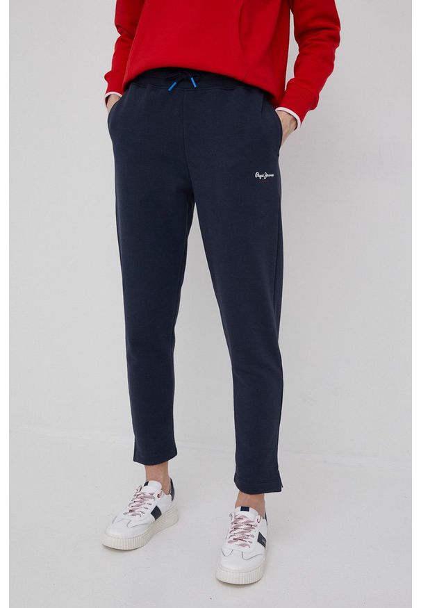Pepe Jeans spodnie bawełniane Calista damskie kolor granatowy gładkie. Stan: podwyższony. Kolor: niebieski. Materiał: bawełna. Wzór: gładki