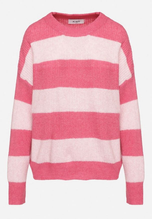 Born2be - Różowy Sweter w Pasy z Wełną Zakończony Ściągaczem Tiaelle. Okazja: na co dzień, na spotkanie biznesowe. Kolor: różowy. Materiał: wełna. Styl: klasyczny, biznesowy, casual