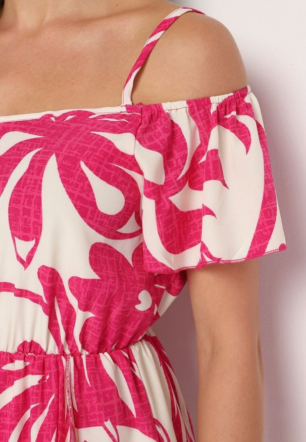 Born2be - Różowa Sukienka Typu Hiszpanka na Ramiączkach z Gumką w Pasie i Kopertowym Dołem Nellithine. Okazja: na co dzień. Typ kołnierza: dekolt hiszpanka. Kolor: różowy. Długość rękawa: na ramiączkach. Sezon: lato. Typ sukienki: kopertowe. Styl: casual, elegancki