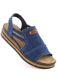 Komfortowe sandały damskie na platformie jeansowe Rieker 62982-12 niebieskie. Kolor: niebieski. Materiał: jeans. Obcas: na platformie