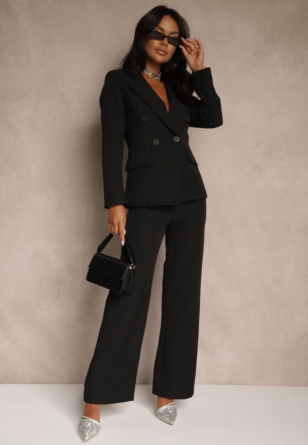 Renee - Czarny Garniturowy Komplet Spodnie Wide Leg i Marynarka Arezellia. Kolor: czarny