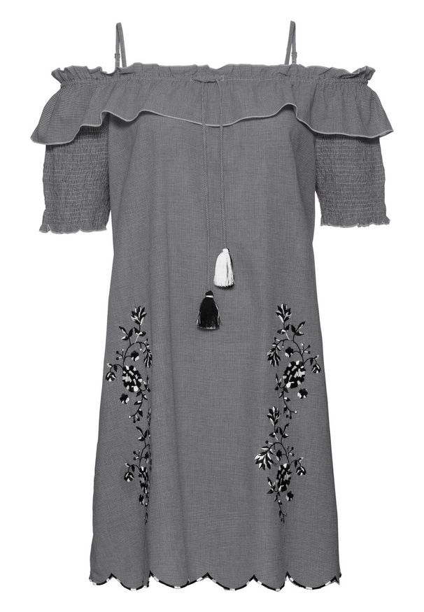 Sukienka z haftem bonprix czarno-biały w kratę. Kolor: czarny. Wzór: haft