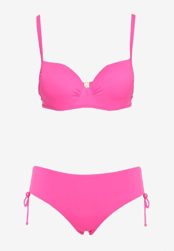 Renee - Fuksjowe Bikini Biustonosz z Usztywnianymi Miseczkami Majtki Figi Ozdobione Troczkami Tamarie. Kolor: różowy. Wzór: aplikacja
