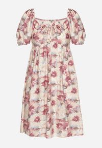 Born2be - Różowa Sukienka z Bufiastymi Rękawami i Wiązaniem przy Dekolcie z Gumką na Plecach Vikninna. Okazja: na co dzień, na randkę. Kolor: różowy. Materiał: jeans. Wzór: aplikacja, kwiaty. Sezon: lato. Styl: casual #7