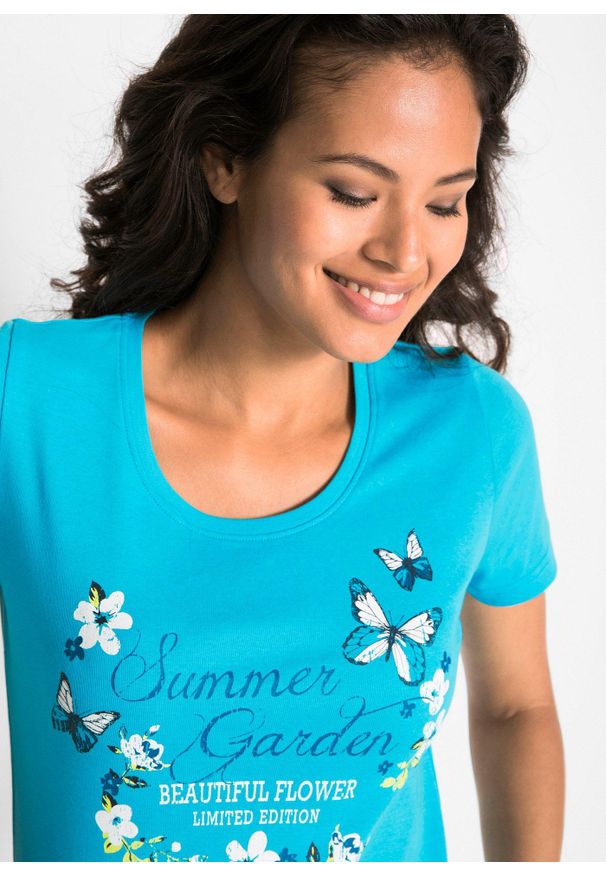 bonprix - Koszulka bawełniana, krótki rękaw. Kolor: niebieski. Materiał: bawełna. Długość rękawa: krótki rękaw. Długość: krótkie. Wzór: nadruk