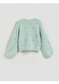 Reserved - Sweter z ozdobnymi aplikacjami - jasnoturkusowy. Kolor: turkusowy. Materiał: dzianina, wełna. Wzór: aplikacja
