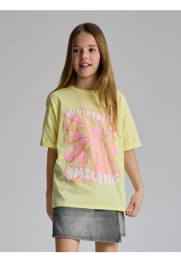 Reserved - Bawełniany t-shirt z nadrukiem - jasnożółty. Kolor: żółty. Materiał: bawełna. Wzór: nadruk