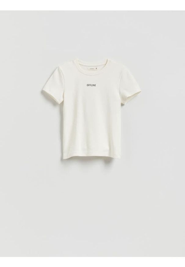 Reserved - Dopasowany t-shirt z nadrukiem - biały. Kolor: biały. Materiał: dzianina, bawełna. Wzór: nadruk