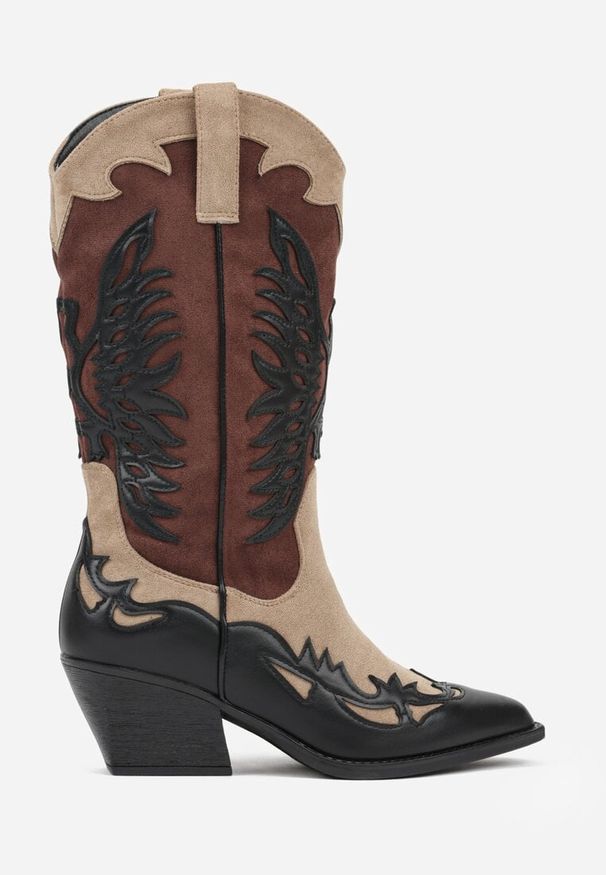 Born2be - Czarne Botki Typu Kowbojki na Stożkowym Obcasie z Tłoczonym Wzorem Badorella. Okazja: na co dzień. Kolor: czarny. Materiał: jeans. Obcas: na obcasie. Styl: klasyczny, casual. Wysokość obcasa: średni